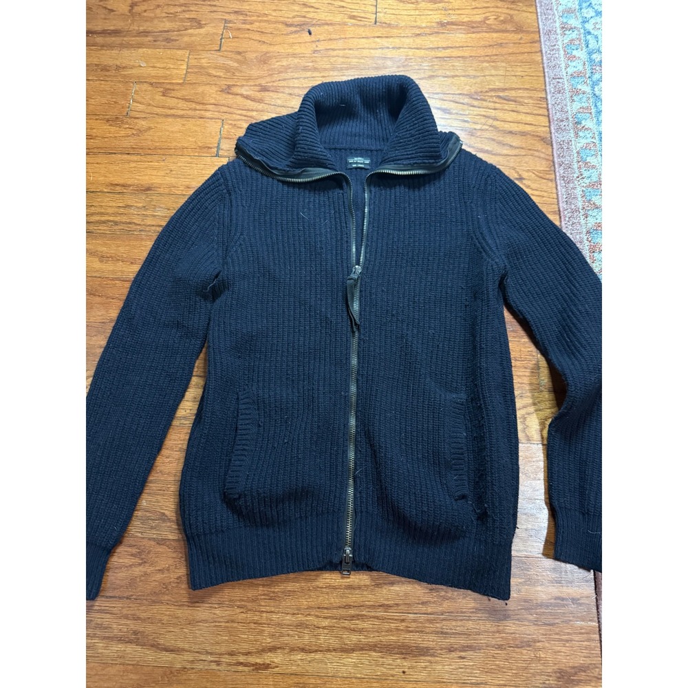 AllSaints Starkk Zip Funnel Navy Blue Wool Cashmere Ribbed Knit Cardigan MK139D